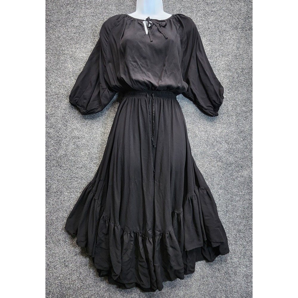 Z Supply Womens Boho Peasant Tiered Ruffle Midi Dress Black Rayon Size Small